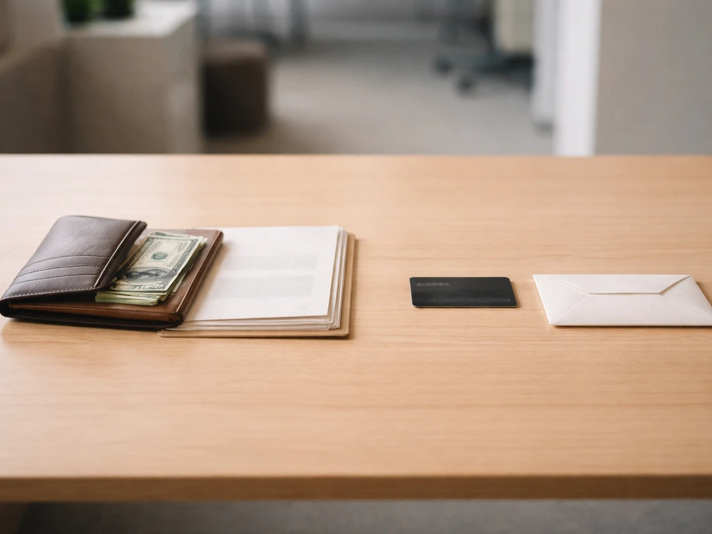 Minimal desk photo with cash and documents on one side and debt-like items on the other.