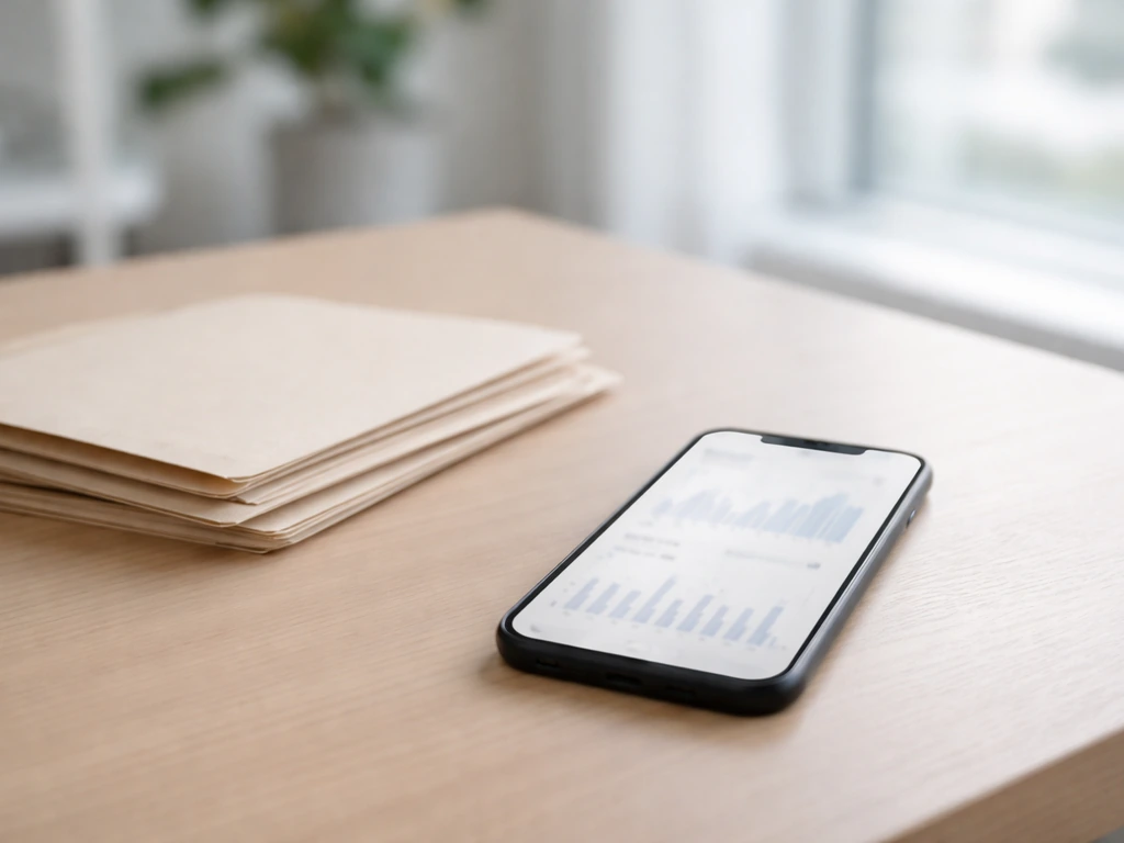Close-up of a clean desk with a smartphone showing a finance dashboard, symbolizing source reliability.