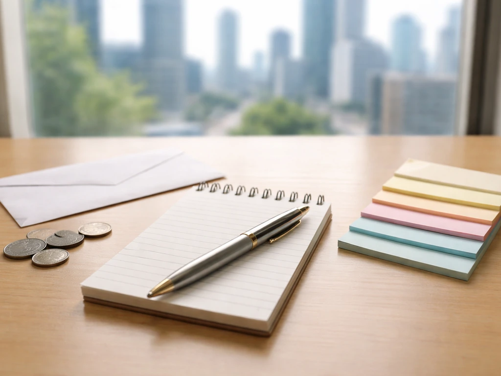 Notepad, pen, coins, and blank sticky notes on a desk with a soft city view, symbolizing net worth estimates.