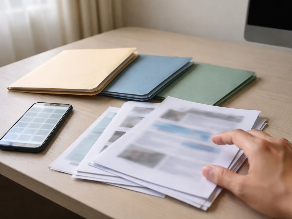 Minimal office desk with blurred search phone and mixed files/papers suggesting multiple identities.