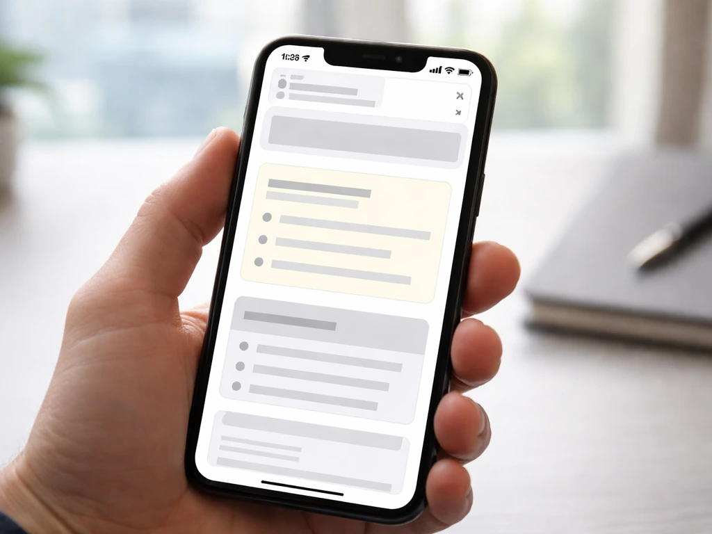 Close-up of a phone showing a generic finance disclosure page, with blurred office background