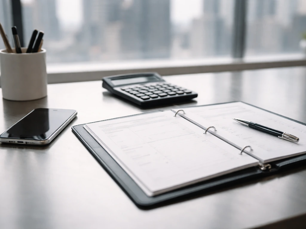 Close-up of brokerage-style desk objects: calculator, phone, and blank client statements near a city window.