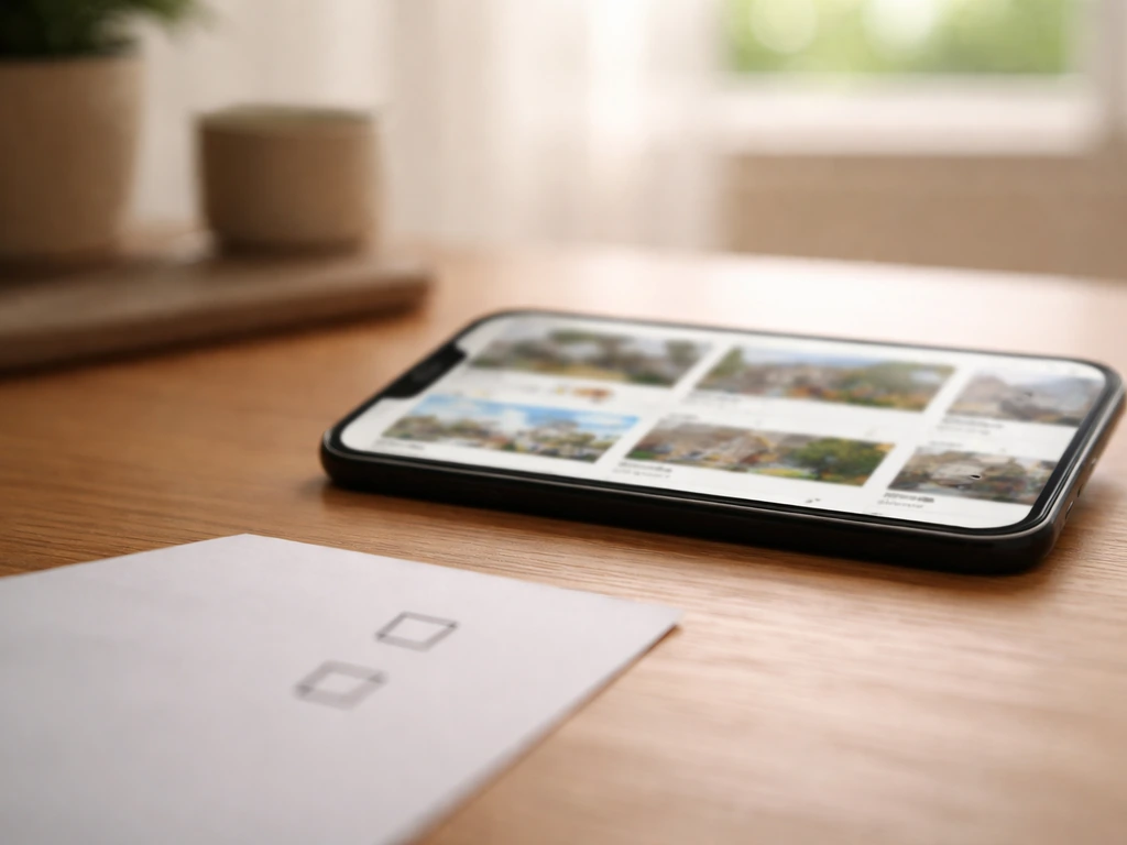 Smartphone and paper checkboxes on a desk, blurred real-estate cards suggesting misleading lifestyle signals.