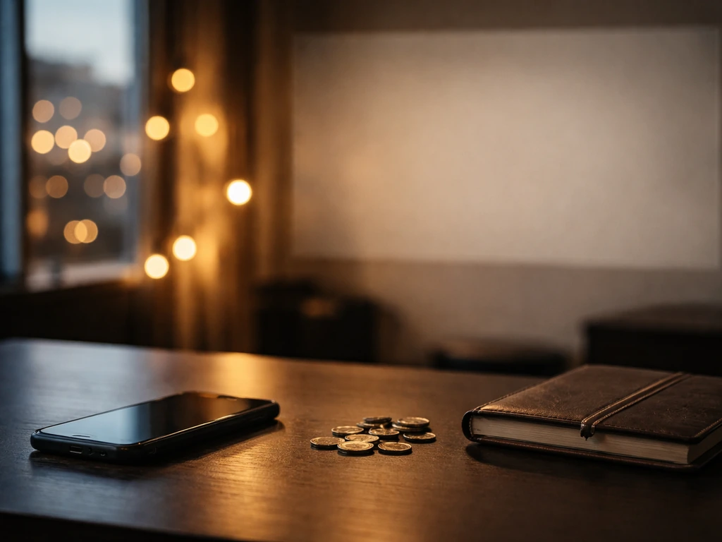 Minimal photo of a luxury desk with a smartphone and coins, symbolizing conflicting net worth estimates.