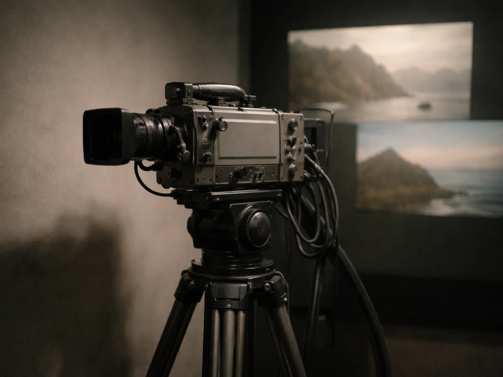 Vintage BBC-style broadcast camera on a tripod with muted expedition footage visuals in the background.