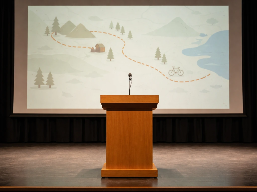 Empty stage podium with microphone and a screen showing a cycling route-map style motif.