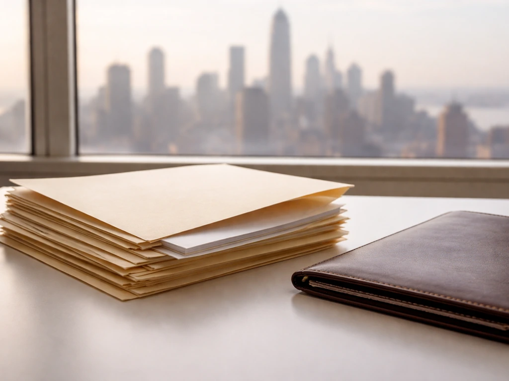 Unbranded folders on a desk with a blurred New York financial skyline outside the window.