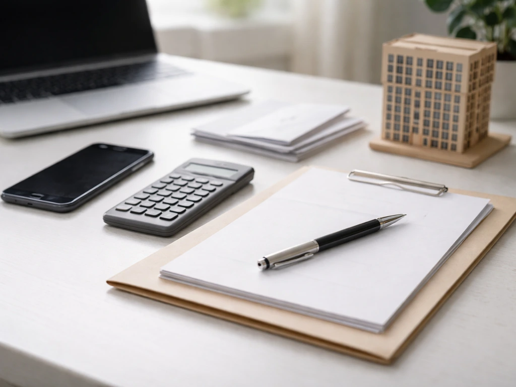 Minimal desk scene with laptop, calculator, documents, and small building model symbolizing private-company wealth estim