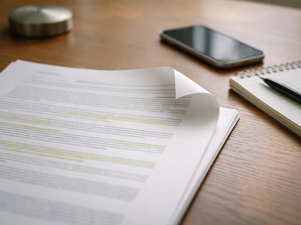 Close-up of an open SEC-style filing on a desk with marker-highlighted lines and business tools nearby.