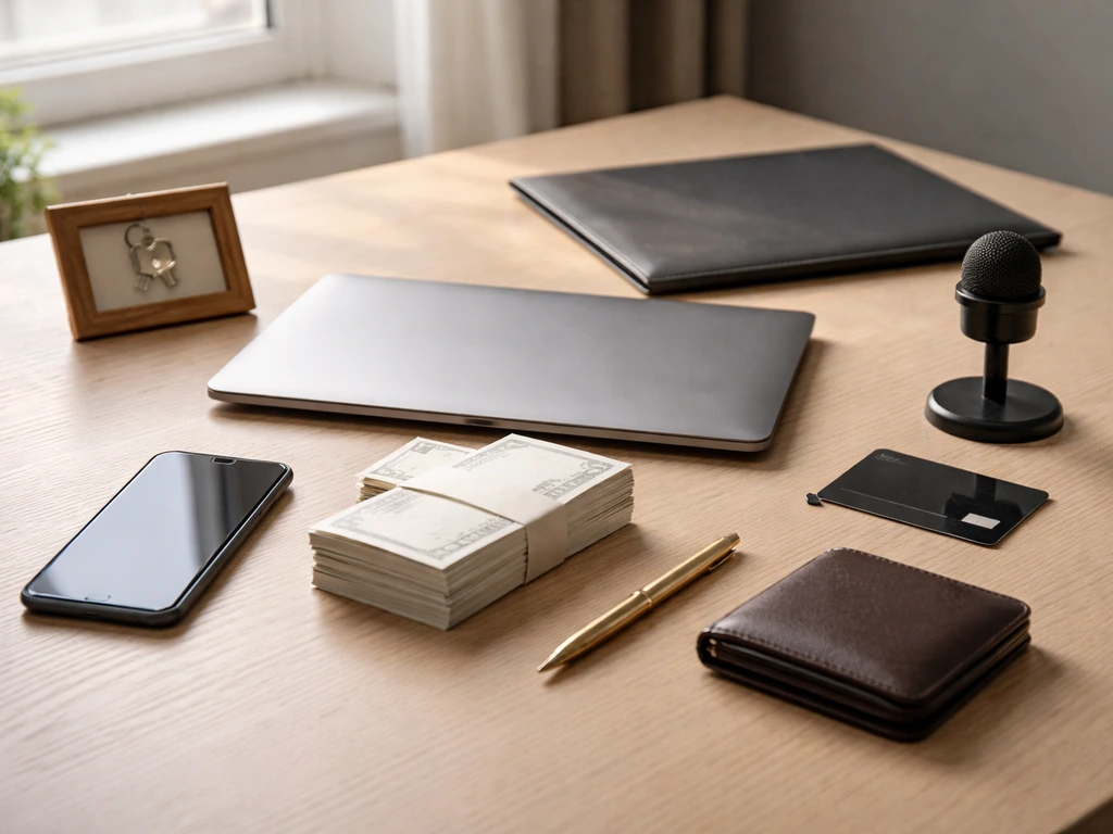 Minimal desk scene with money, phone, wallet, microphone, keys, and investment folder suggesting net worth categories.