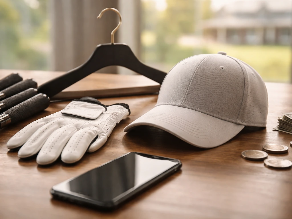 Golf glove, clubs, and apparel items on a table with subtle money symbolism in natural light.