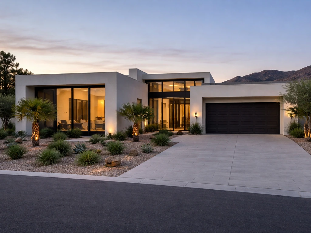 Exterior view of a modern luxury home in Las Vegas’ Southern Highlands neighborhood, evening light.