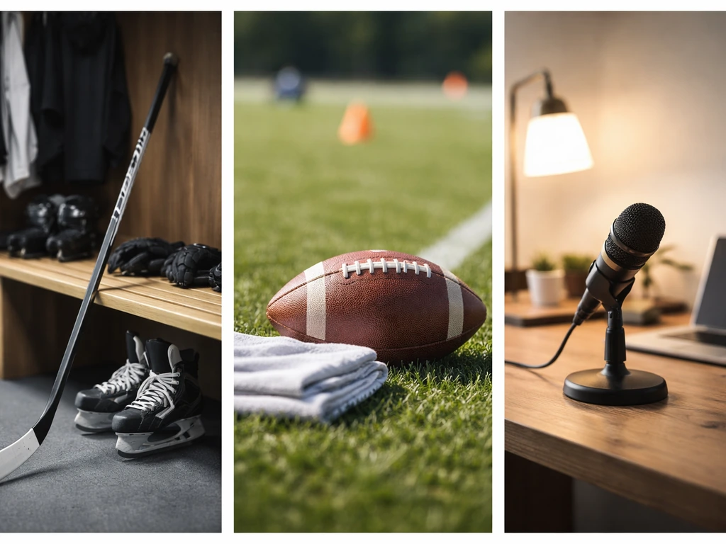 Three-panel collage showing generic sports and media work scenes to disambiguate different Mark Parrish identities.