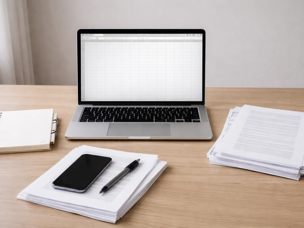Minimal desk scene with laptop spreadsheet grid and contract papers suggesting a verification workflow.