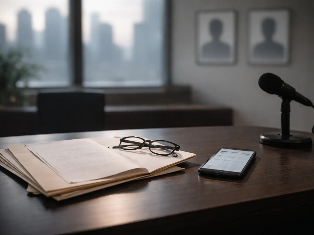 Minimal office desk scene with papers, eyeglasses, and blurred media cues for identity verification.