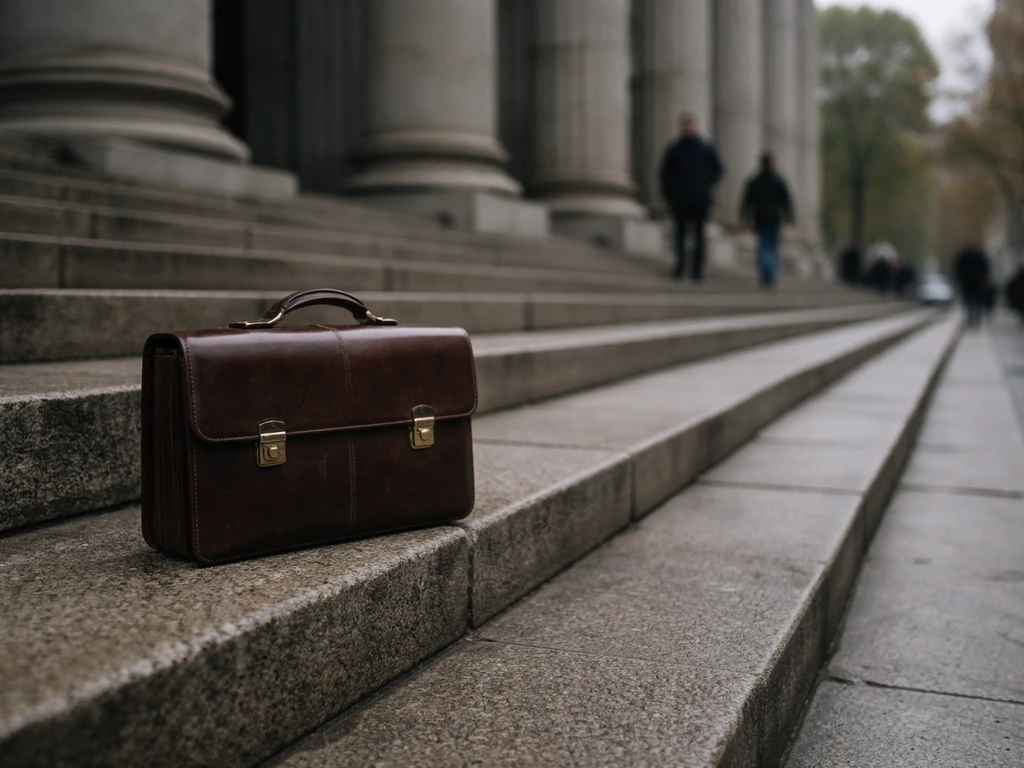 Courthouse steps with a closed legal briefcase, suggesting unresolved legal trouble and controversy.