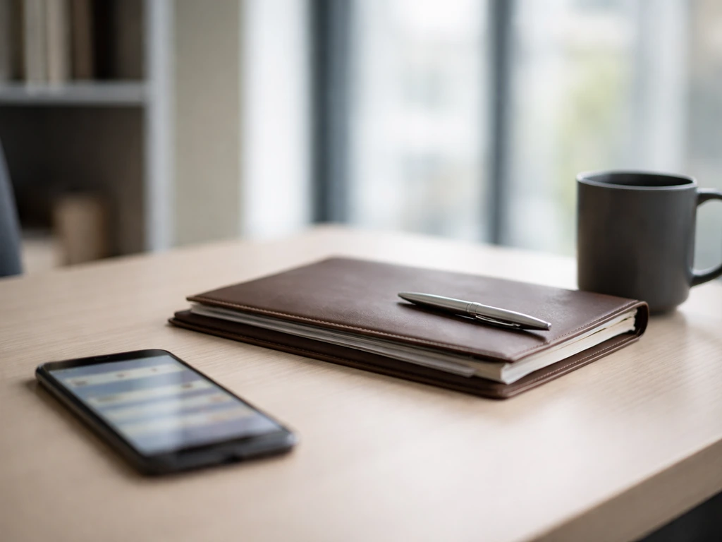 Minimal office desk scene with law folder and smartphone glow suggesting confusing online search results.