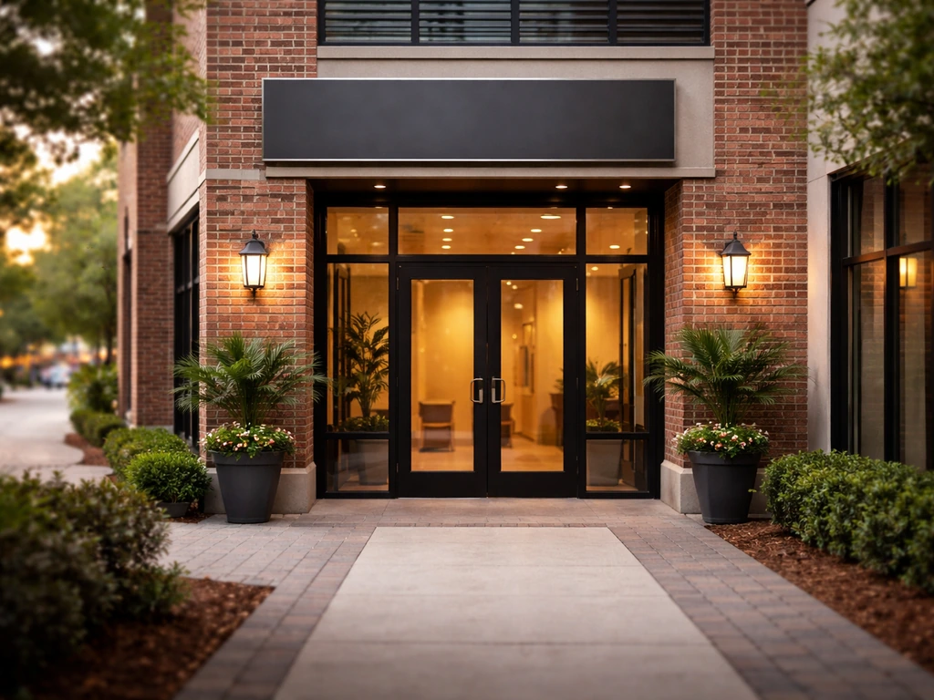 Exterior of a modern law firm office storefront in Orlando with glass doors and subtle signage