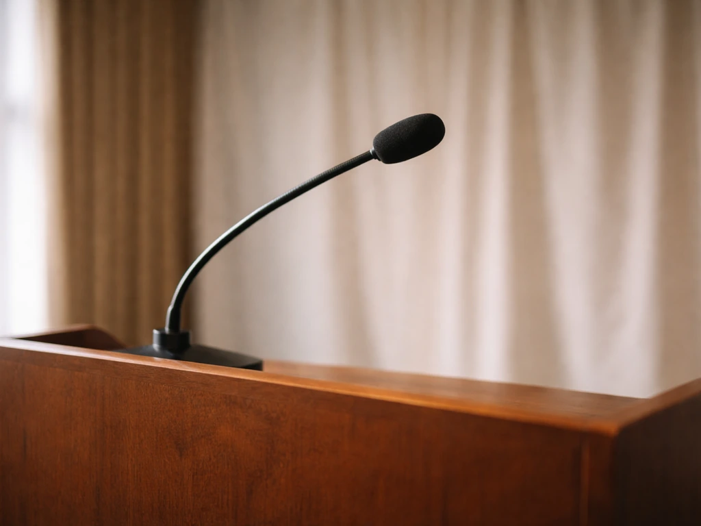 Close-up of a minimal conference lecture setup with a podium microphone and blank event backdrop
