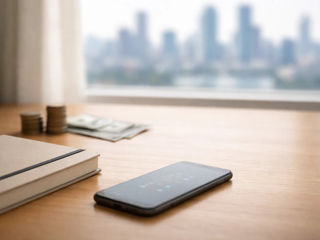 Minimal office desk with scattered coins and a smartphone showing blurred numbers, symbolizing clustered net-worth estim