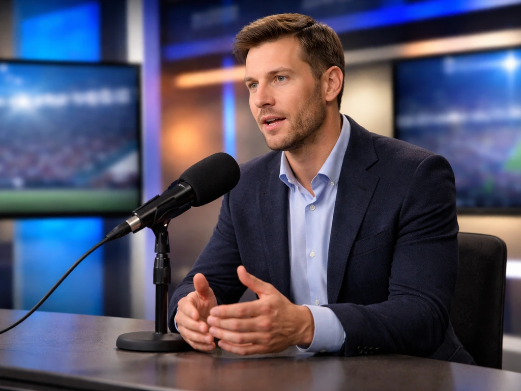 Anonymous sports analyst at a studio desk with a microphone and blurred ACC Network-style background