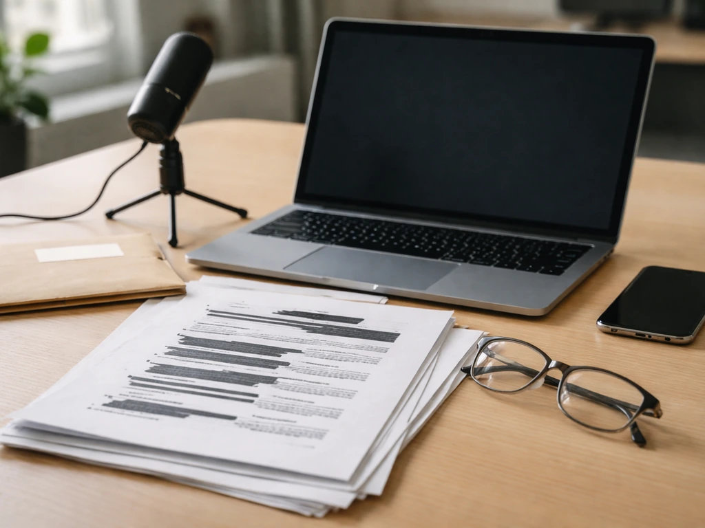 Minimal office desk with laptop, phone, and blank documents suggesting public data used for net-worth estimates.