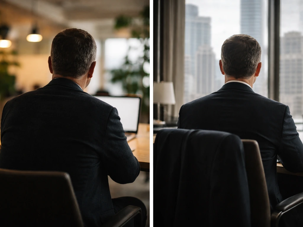 Two contrasting anonymous men in separate finance offices, implying two different “Mark Ain/Ein” identities.