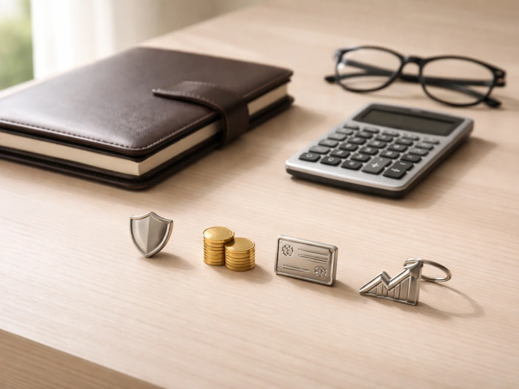Minimal executive desk with four small metallic icons suggesting ownership, dividends, pay, and capital gains