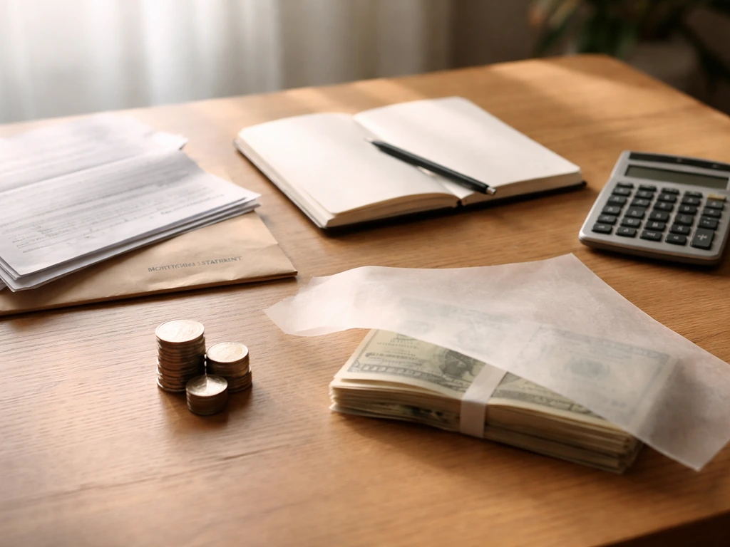 Simple photo of an open notebook with a mortgage statement and tax papers beside a calculator and cash—symbolizing liabi