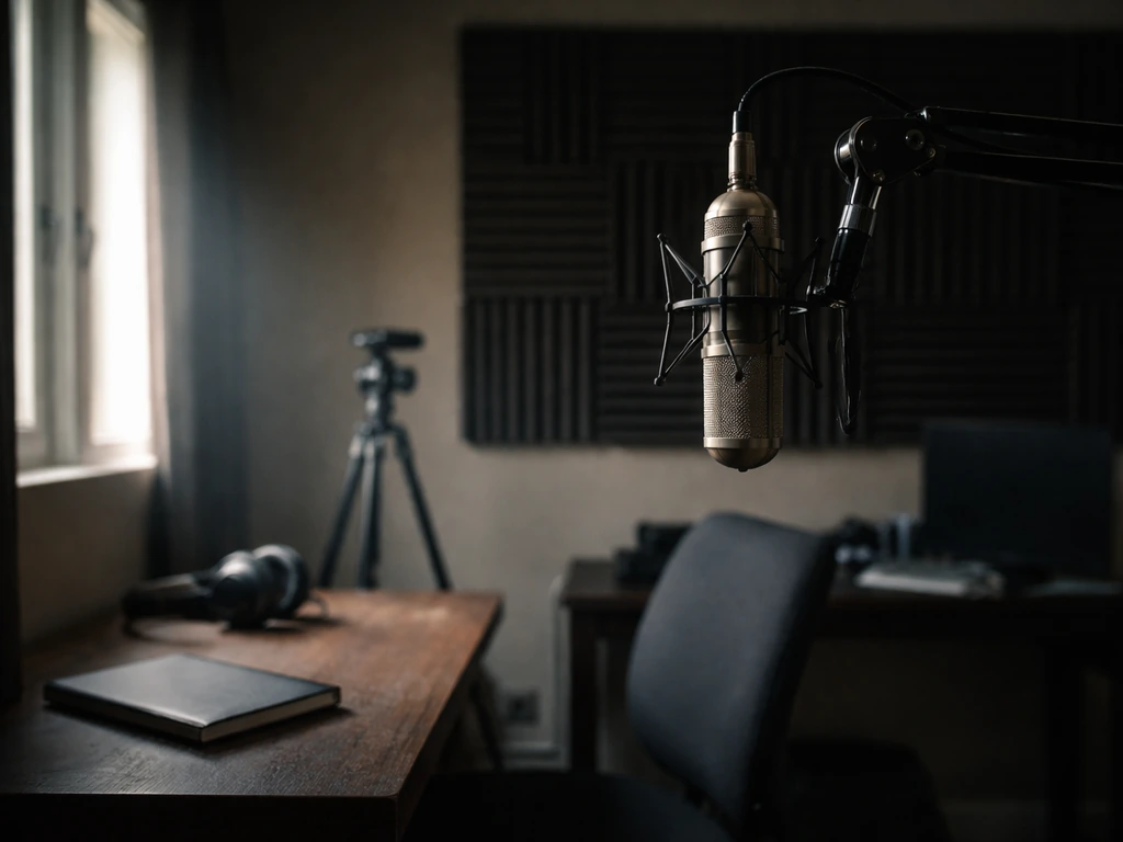 Moody empty recording studio room with a dangling microphone, symbolic of a career in TV and money