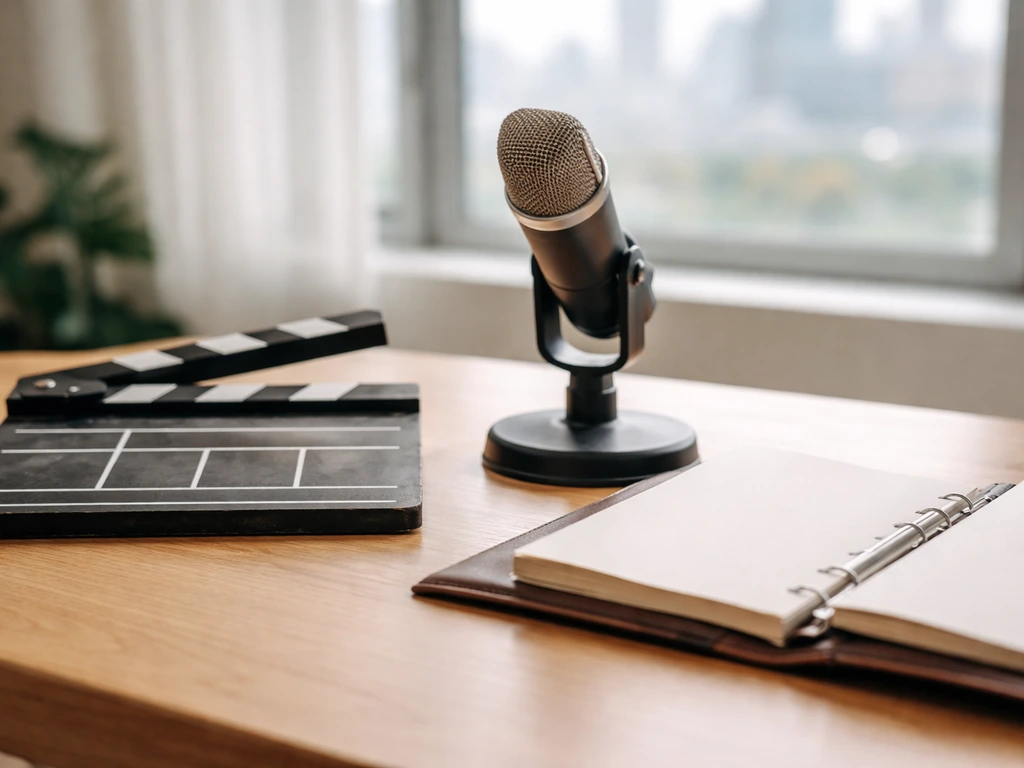 Minimal studio desk with clapperboard and microphone, symbolizing major career milestones and earnings benchmarks