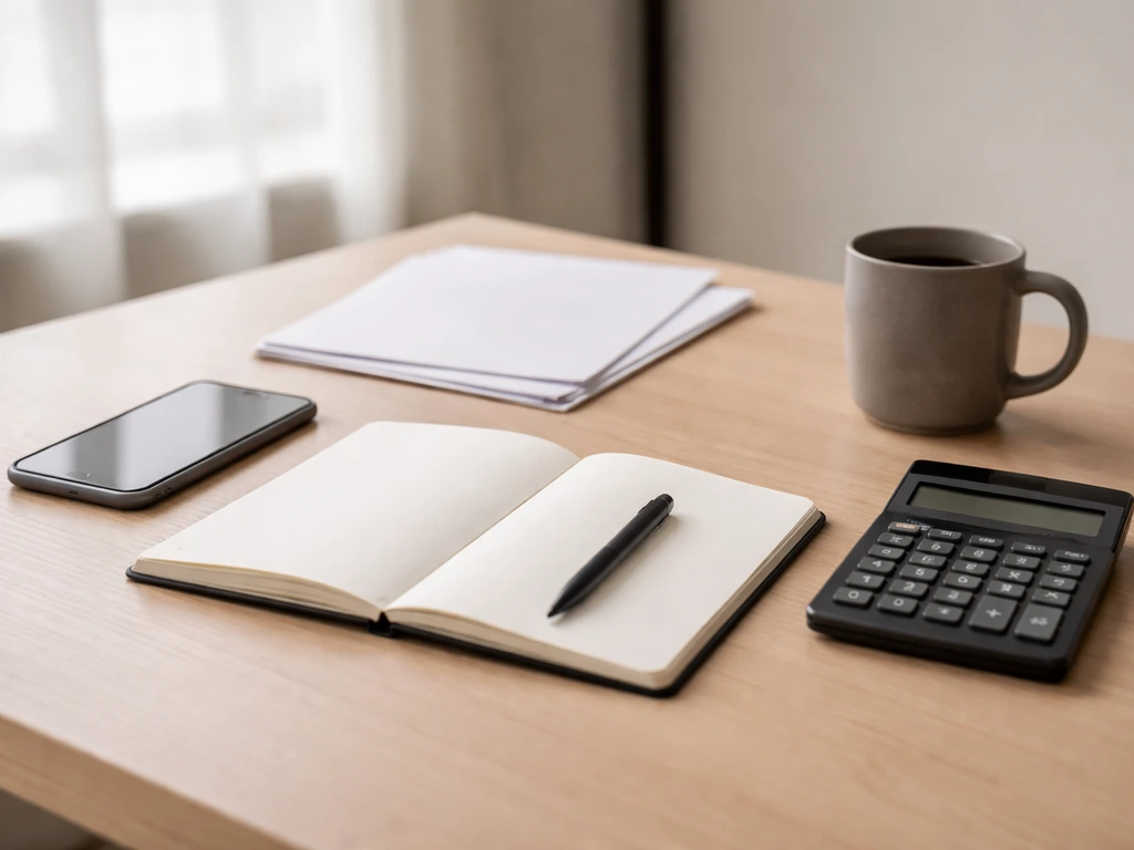 Desk scene with calculator, notebook, and papers symbolizing public sources and assumptions for net worth estimates.
