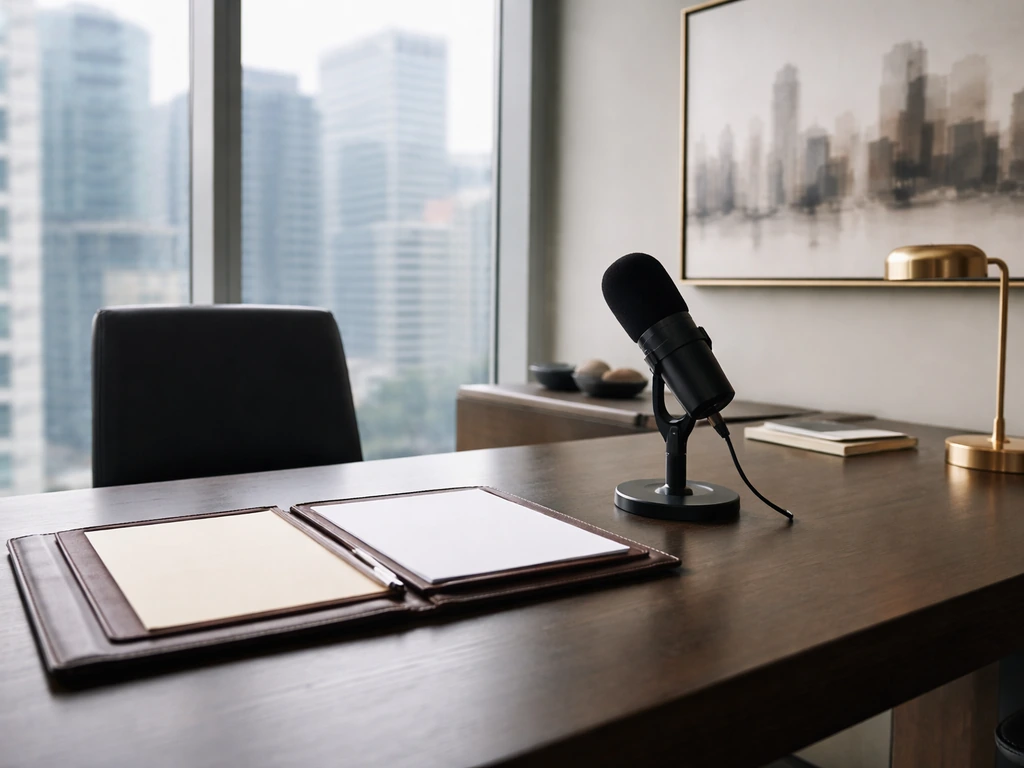 Minimal office desk with microphone and city view, symbolizing institutional real estate investment leadership.