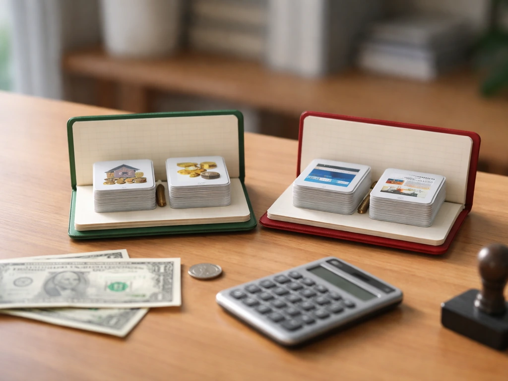 Minimal desk scene with small ledgers/cards and a calculator showing assets minus liabilities concept