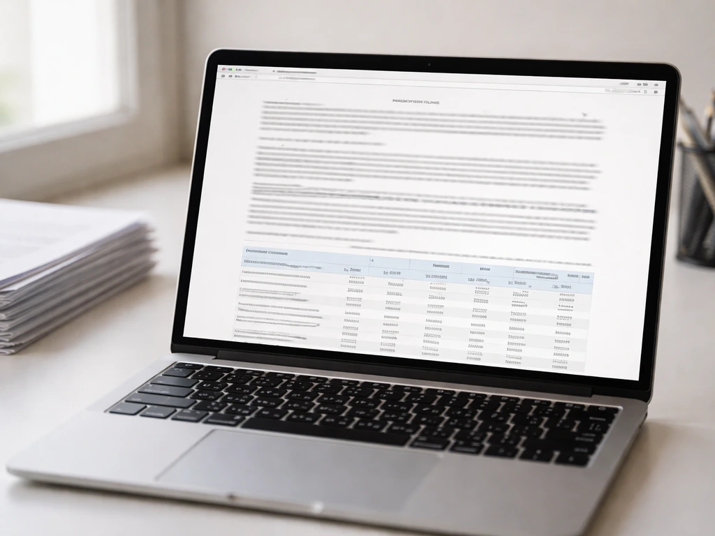 Close-up of a laptop desk with a generic SEC proxy filing page layout, symbolic of verifiable compensation details.