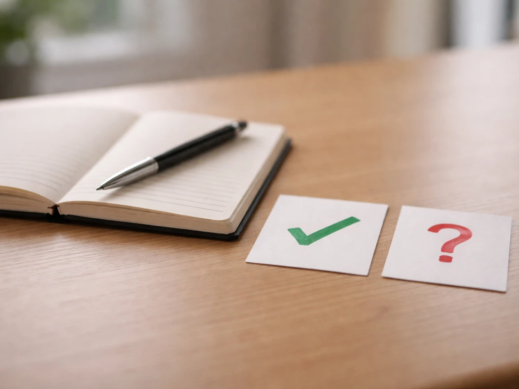Minimal desk scene with a notebook and pen beside a simple green checkmark card and a red question card