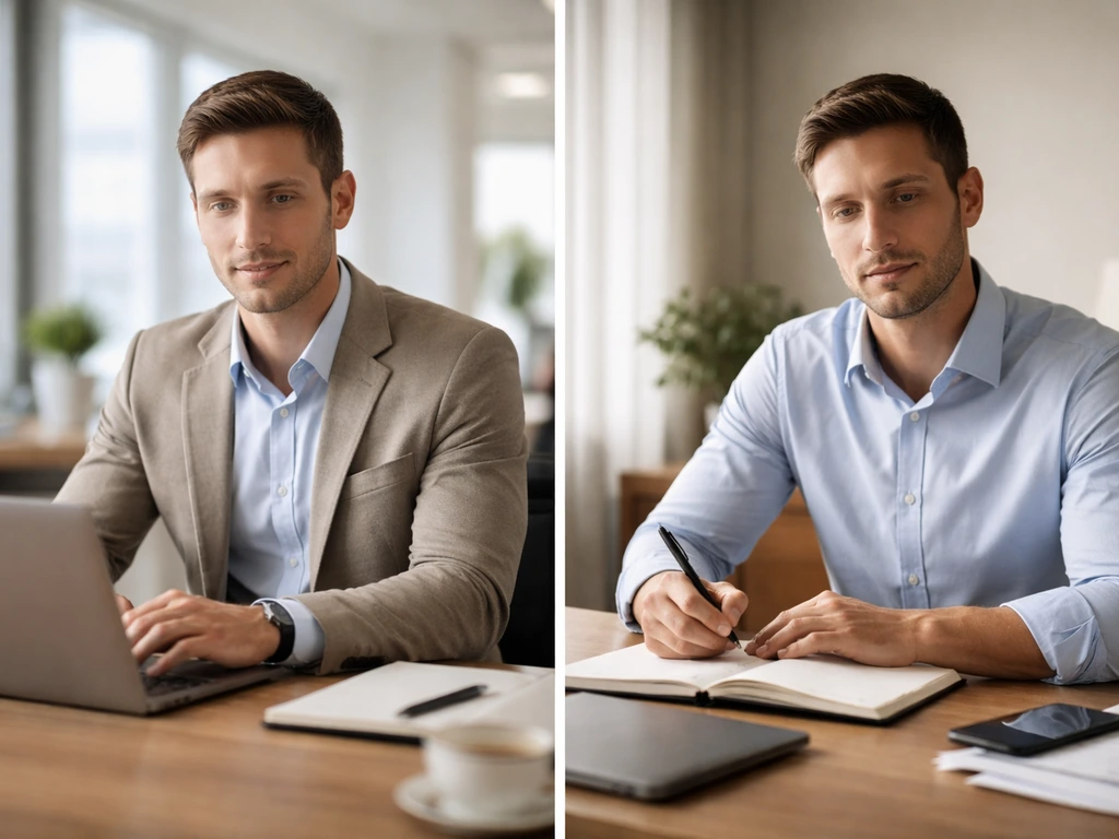 Two anonymous professionals seated at separate desk setups, suggesting different people named Mark Parker.