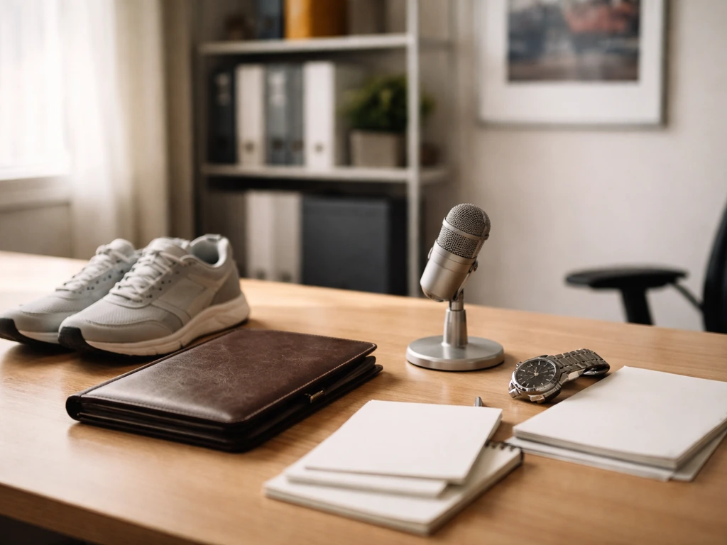 Minimal office desk with running shoes and a microphone, symbolizing a corporate career timeline.