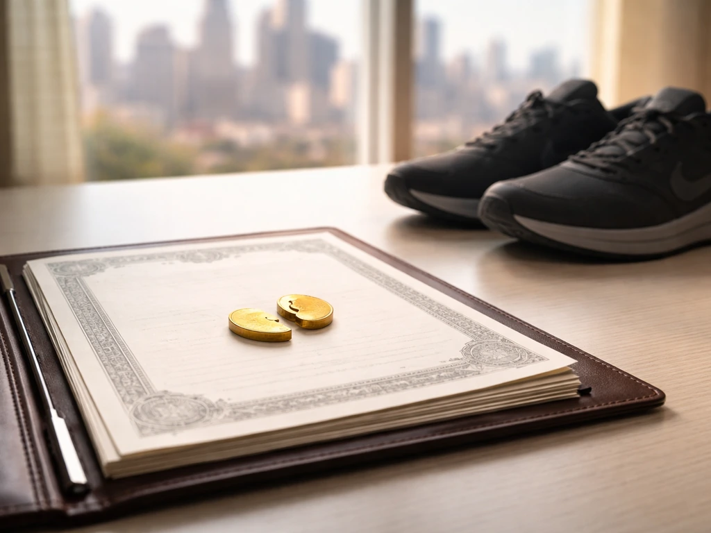Minimal office scene with a single split-coin and NIKE-colored sneakers near a laptop, symbolizing equity wealth.