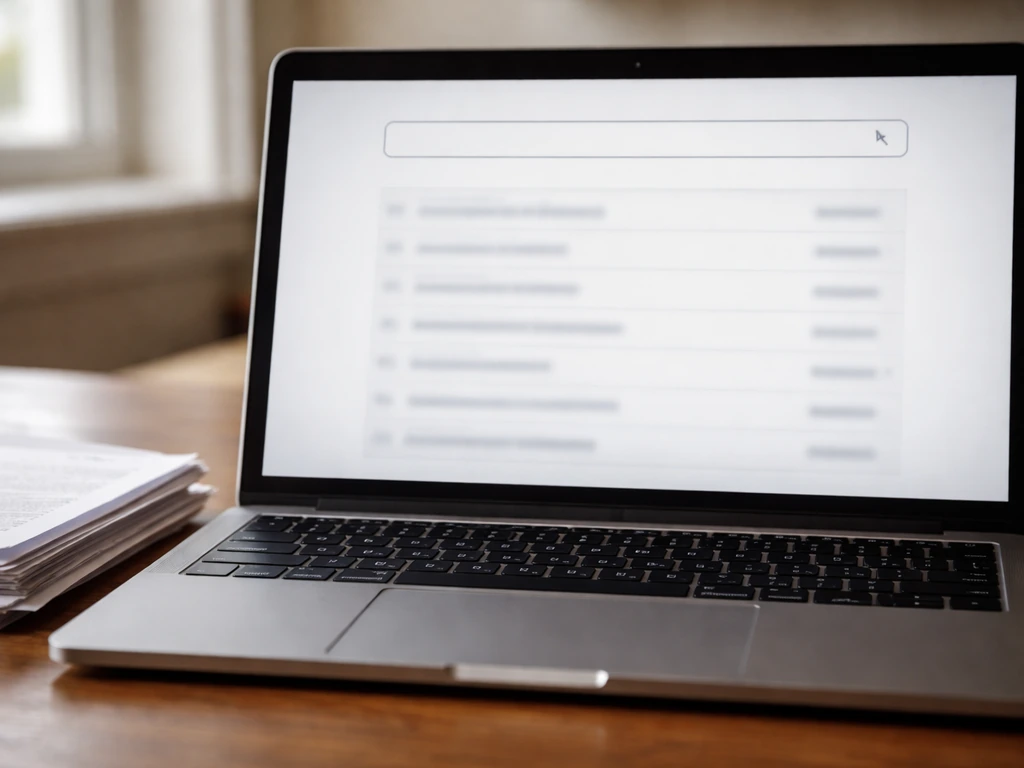 Close-up laptop and paperwork showing a generic SEC EDGAR-style search results layout concept.