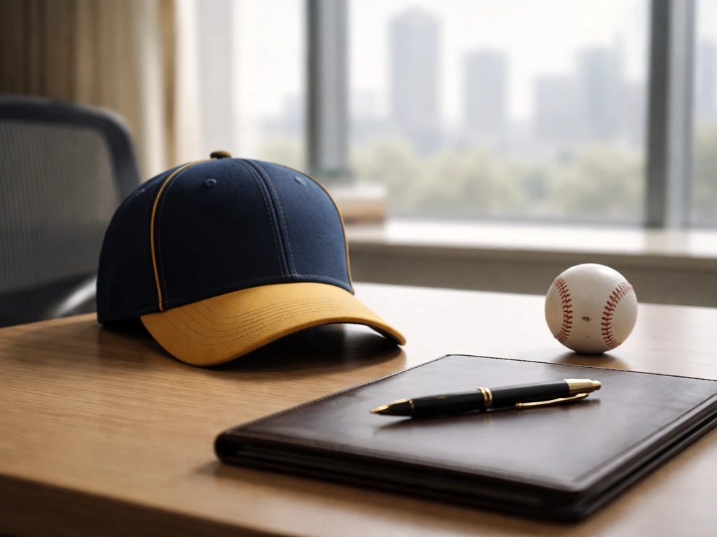 Money and baseball team ownership theme: quiet office desk with a baseball cap and ledger-like items