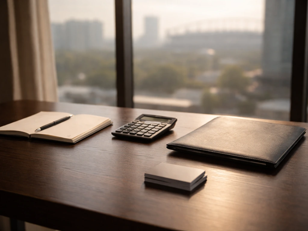 Minimal finance desk scene with calculator, notebook, and blurred city skyline, symbolizing investment assets