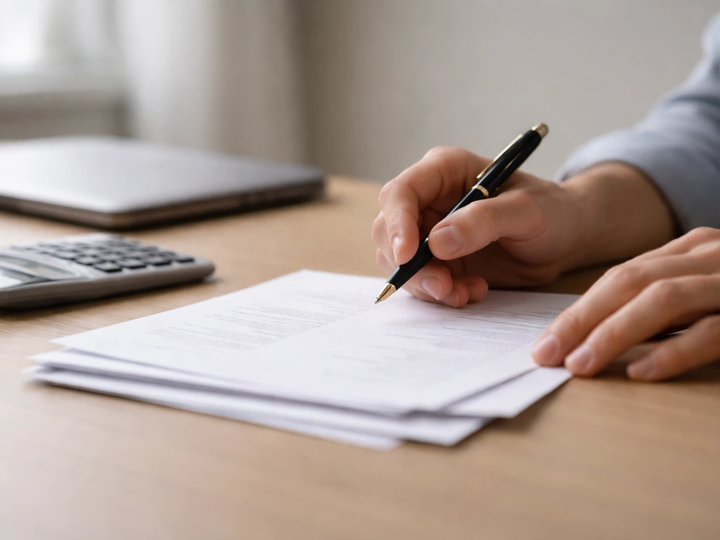 Close-up of hands holding a pen and reviewing financial documents beside a calculator in a quiet office