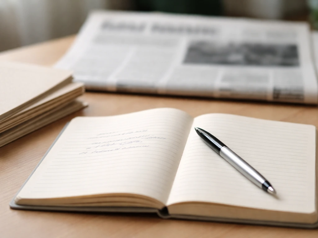 Minimal scene with a notebook and pen beside blurred headlines suggesting two or more people with the same name