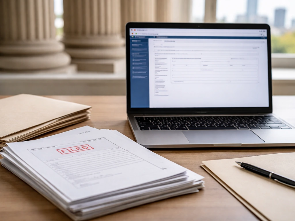 Minimal home-office desk with laptop showing a generic filing viewer and official-looking documents.