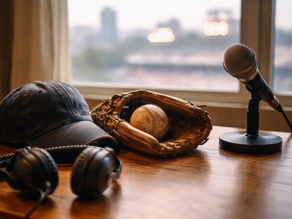 Baseball glove and broadcast mic on a desk with a softly blurred city/stadium backdrop.