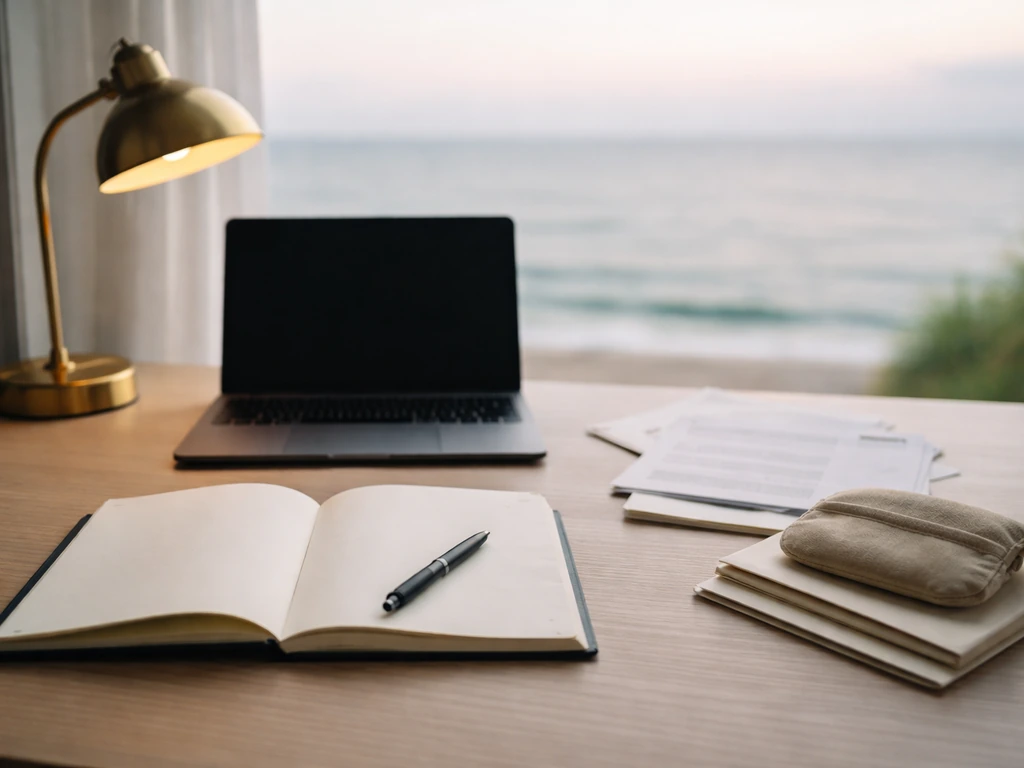 Minimal business desk with blank notebook, documents, and coin pouch under natural light.