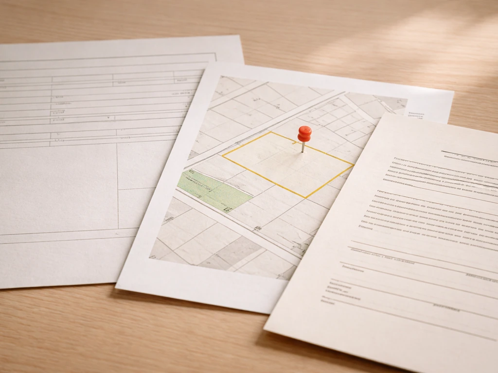 Blank property record sheet beside a deed document and a red map pin on a simple parcel outline.
