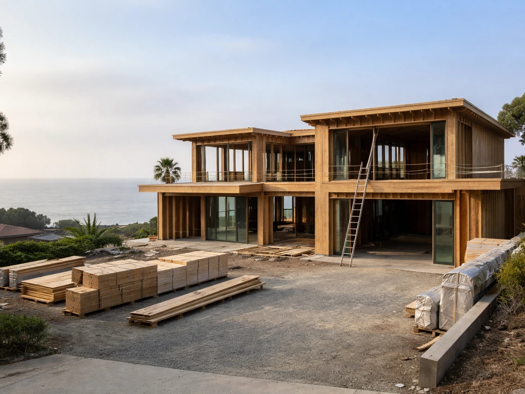 Luxury coastal home under framing at a quiet spec construction site with organized materials.
