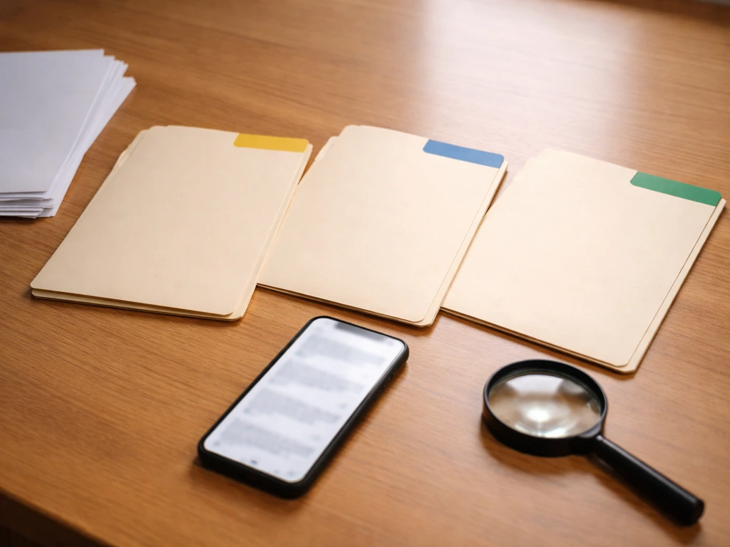 Minimal desk scene with three folders and a smartphone showing blurred, generic search results